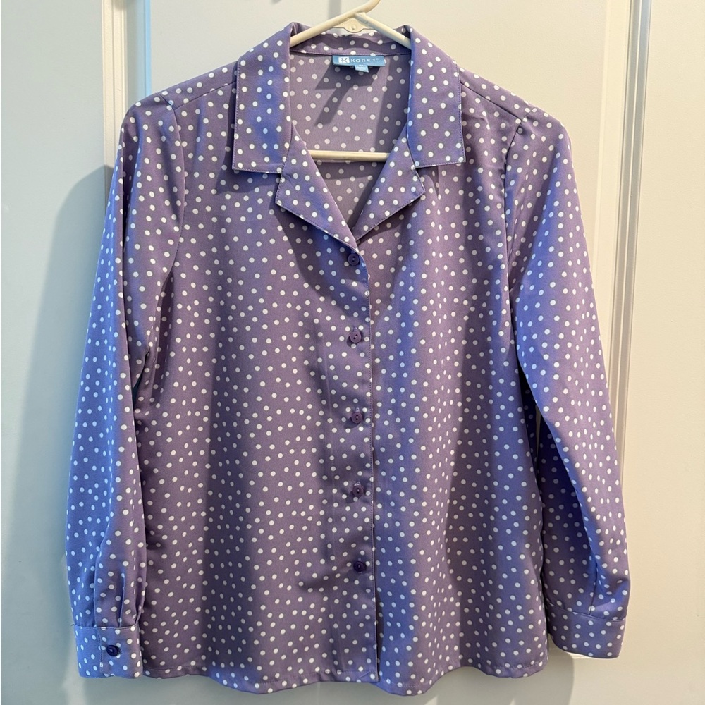 NWOT Koret Purple Polka Dot Button Down Shirt